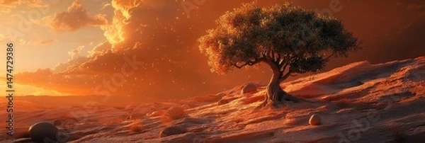 Fototapeta Tree on a hill with a vibrant orange sunset sky and clouds.