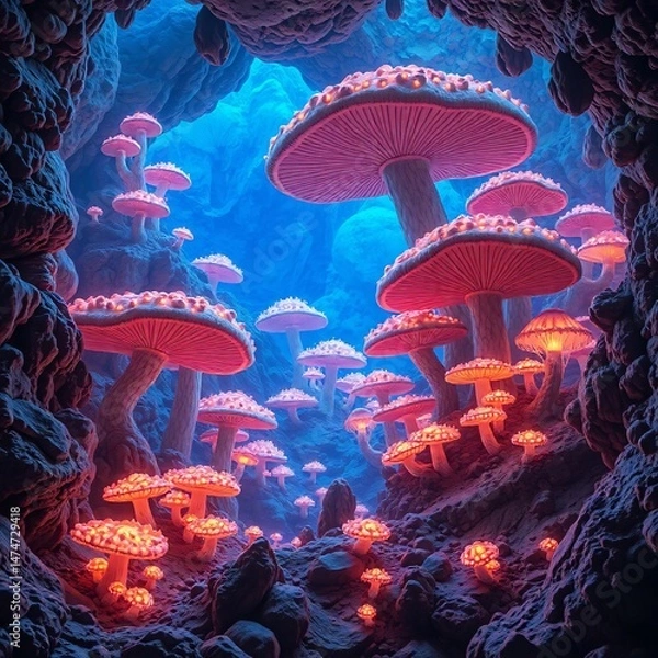 Obraz Mushrooms in the cave. 3D illustration. Fantasy.
