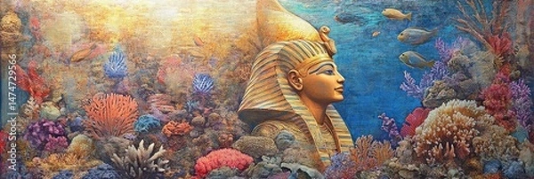 Fototapeta Egyptian statue underwater with coral reef and fish in blue water.