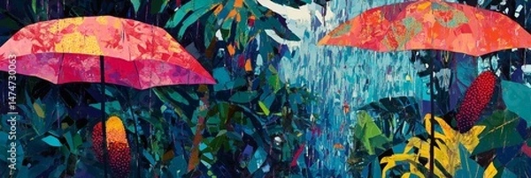 Fototapeta Two colorful umbrellas amidst lush green foliage create a vibrant abstract scene.
