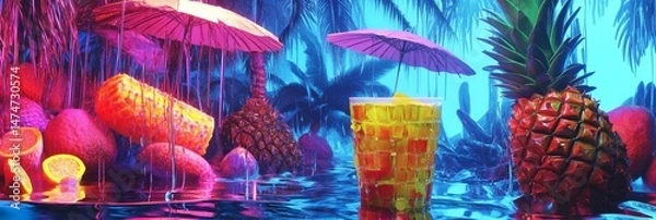 Fototapeta Colorful tropical drink with pineapple and other fruits in a vibrant setting.