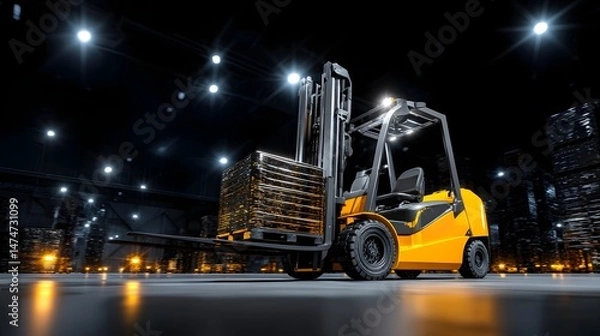Obraz Fork truck operator skillfully maneuvering pallets dynamically in busy warehouse environment