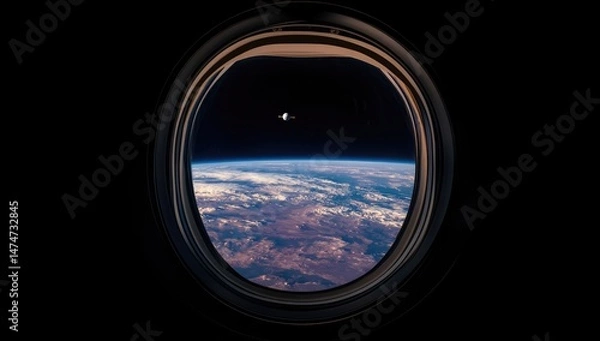Fototapeta Earth seen through a spaceship window.  A stunning view of the planet from space, showing clouds, landmasses, and a clear horizon. A satellite is visible in the dark void