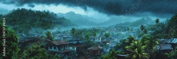 Fototapeta Misty mountain village scene with dense trees and traditional buildings.