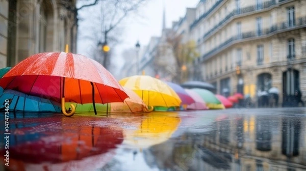 Fototapeta Colorful umbrellas reflect on wet city street with buildings in the background.