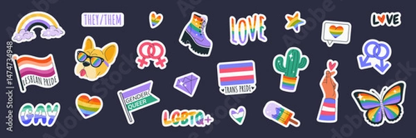 Obraz Happy Pride Month. LGBTIA stickers set. Isolated badges with signs, symbols, phrases, inclusive pride flags, bulldog, rainbow, hand, butterfly. Isolated elements on dark background. Vector clipart