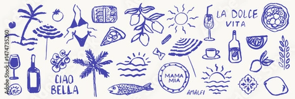 Fototapeta Italian or greek style vacation hand drawn vector illustrations in grunge chalk or charcoal rough doodle sketch style elements. Summer vacation in ink simple style. Drawings for poster, placard print.