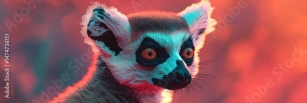 Fototapeta Ring-tailed lemur portrait with red background looking at the viewer.