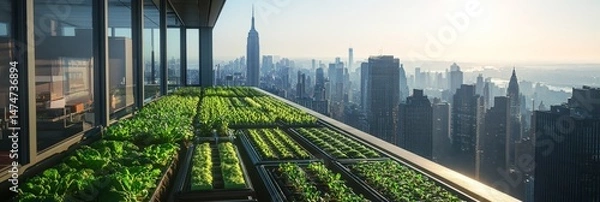 Fototapeta Rooftop garden with green plants overlooking a cityscape with tall buildings.