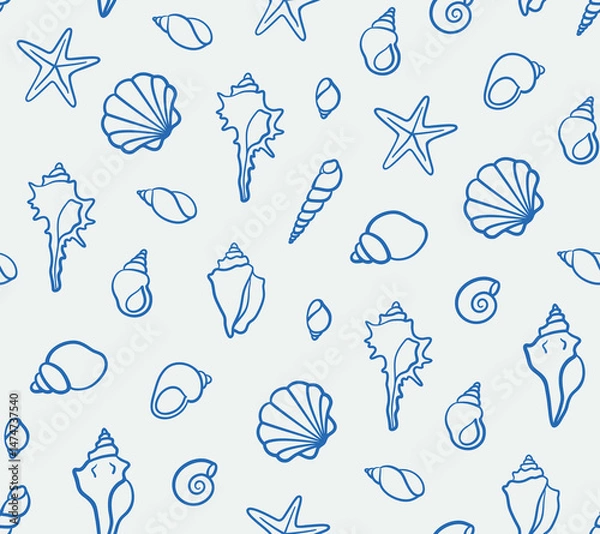 Fototapeta Seamless pattern shell illustrations. Line art, ink, minimalist style. Vector illustration. Summer collection.