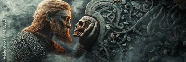 Fototapeta Man with beard holds skull in front of decorative background.