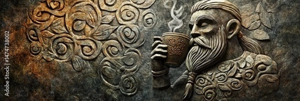 Fototapeta Carved figure with beard drinks from cup against an ornate textured background.