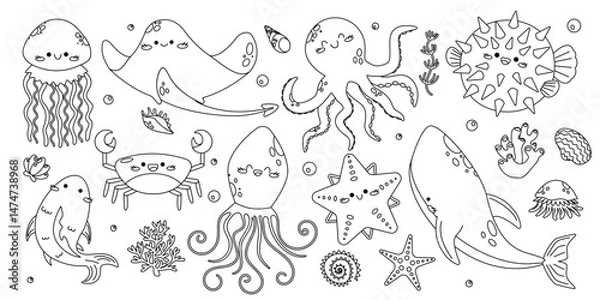 Obraz Set outlines with hand drawn sea animals, whale, squid, octopus, stingray, jellyfish, crab, fish, starfish, urchin fish, shells and seaweed. Cute underwater creatures isolated for kids coloring books