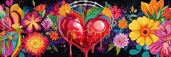 Fototapeta Colorful flowers surround a red heart with dripping paint on a dark background.