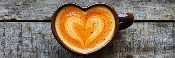 Fototapeta Heart shaped coffee cup on wooden surface with latte art design.