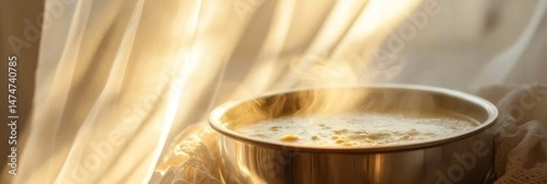 Fototapeta Wooden bowl with steaming liquid on a wooden surface with draped fabric.