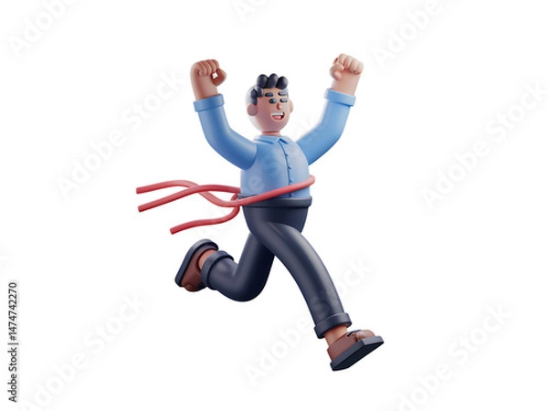 Fototapeta Joyful 3D Cartoon Man Crossing Finish Line on Transparent Background