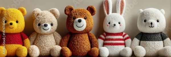 Fototapeta Adorable Plush Toy Collection Featuring Teddy Bears, Bunnies, and Dogs for Kids' Room Decor
