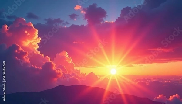 Fototapeta A vibrant sunrise paints the sky with ethereal colors, hinting at rebirth and renewal , transcendence, spiritual, energy