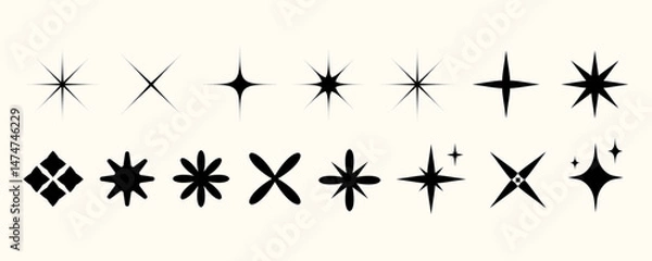Fototapeta Minimal Black Star and Twinkle Elements Vector Pack. Y2k starburst, sparkle, twinkle, and shine icons in various shapes design elements,for decorating logos, holiday cards,retro minimalist design