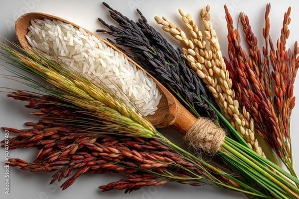 Fototapeta Different varieties of rice displayed in a wooden scoop with grains on a neutral background
