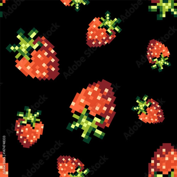 Fototapeta Seamless Pixel Art Strawberry Pattern on Black Background. pixelated strawberries in 8 bit retro style, fabric prints, digital wallpapers, game design, wrapping paper, print design.Vector illustration