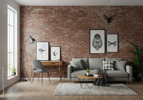 Fototapeta Living room with brick wall sofa desk and art prints creating a modern and cozy interior space