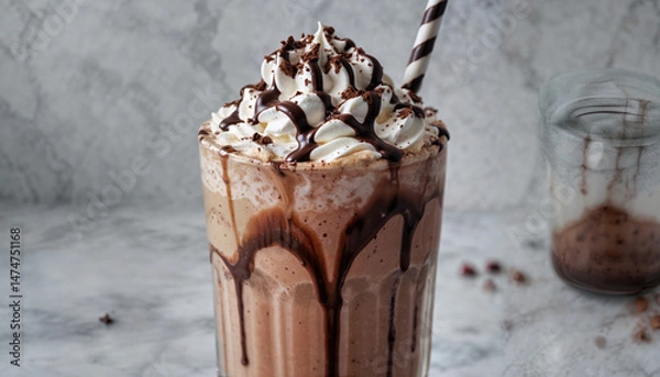 Obraz Rich chocolate milkshake topped with whipped cream and chocolate drizzle, placed on a marble countertop, captured in high resolution to highlight its creamy and indulgent appearance.