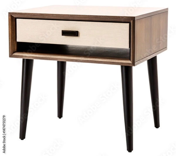 Fototapeta Wooden side table with fabric drawer and dark tapered legs isolated with transparent background