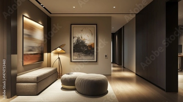 Fototapeta Minimalist Home with Pouf Framed Abstract and Lamp