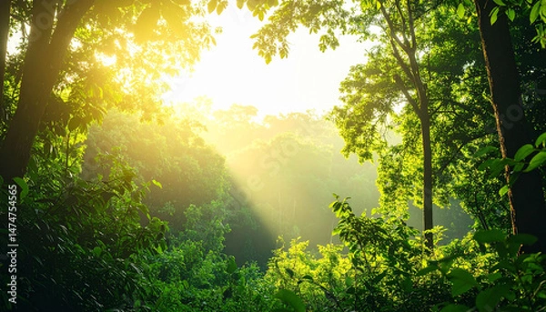Fototapeta the view is within a dense, lush green forest, with a striking beam of sunlight piercing through the canopy. towering trees surround the view, their leaves creating a vibrant and layered effect