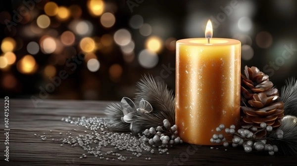 Obraz Burning candle on dark blurred background.