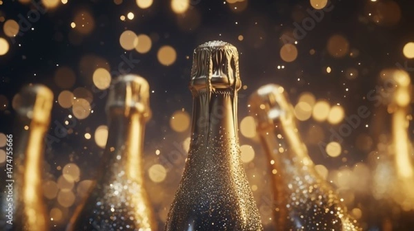 Obraz Champagne toast in festive event, gold glitter birthday party, new year celebration.