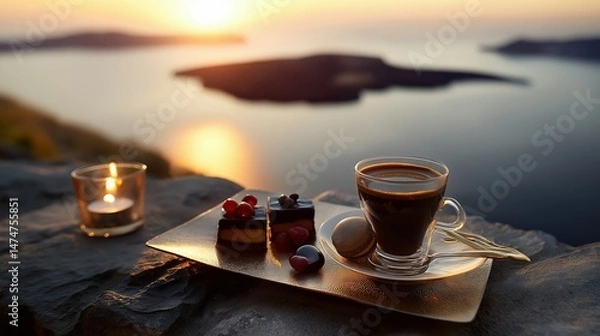 Obraz Cup of delicious coffee on blurred background of Portofino, Italy. Romantic evening view.