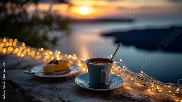 Obraz Cup of delicious coffee on blurred background of Portofino, Italy. Romantic evening view.