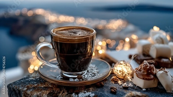 Obraz Cup of delicious coffee on blurred background of Portofino, Italy. Romantic evening view.