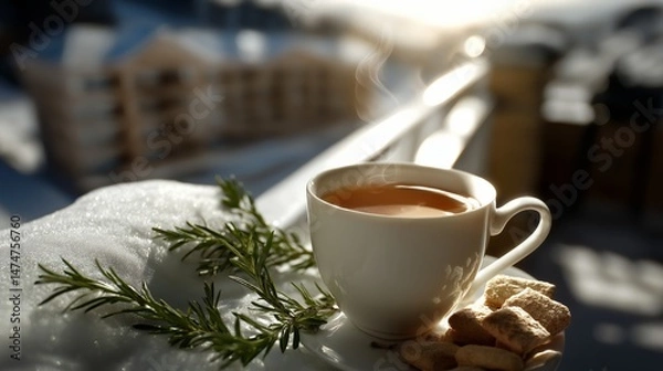 Obraz Cup of hot drink (coffee or tea) on background of winter resort.