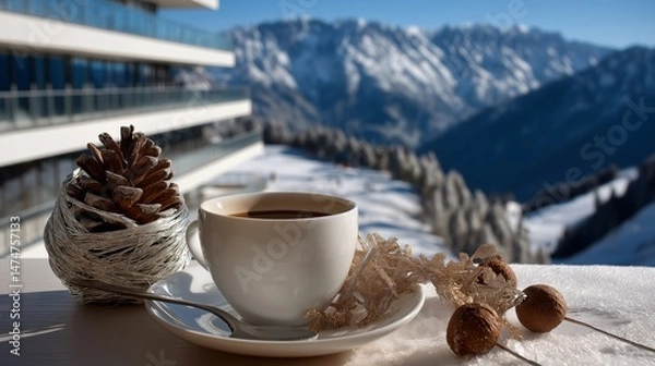 Obraz Cup of hot drink (coffee or tea) on background of winter resort.
