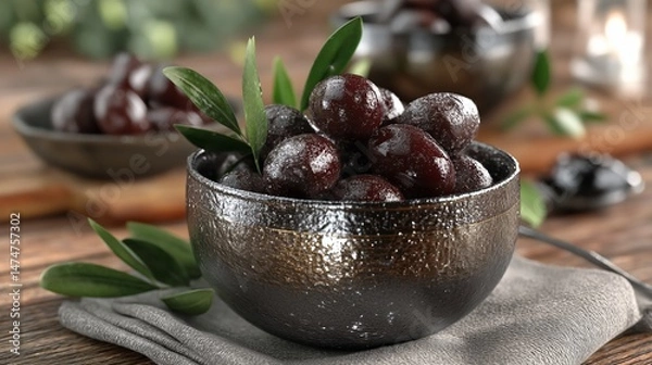 Obraz Delicious ripe olives in a bowl. Based on Generative AI