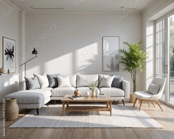 Obraz Bright Nordic living room with light gray sofa and wooden coffee table taking advantage of natural light