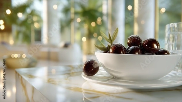Obraz Delicious ripe olives in a bowl. Based on Generative AI