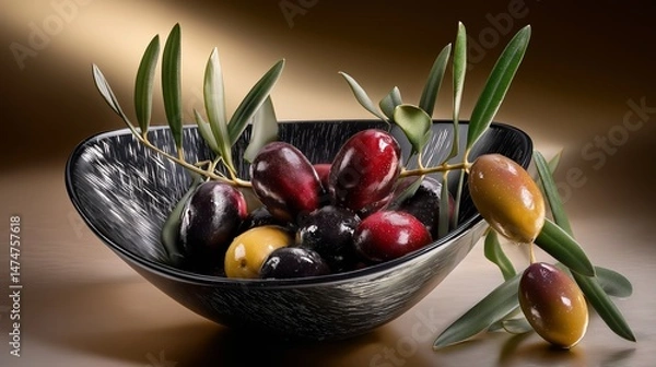 Obraz Delicious ripe olives in a bowl. Based on Generative AI