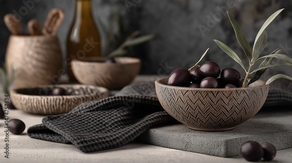 Obraz Delicious ripe olives in a bowl. Based on Generative AI