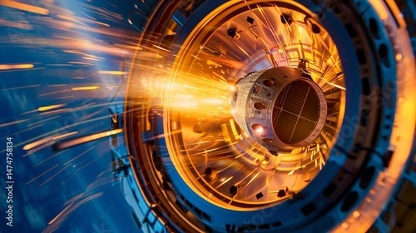 Obraz Spacecraft reentering Earths atmosphere with glowing heat shield and fiery plasma trail. Dramatic space exploration, orbital descent, and aerospace technology concepts.