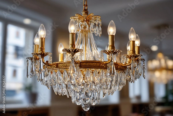 Fototapeta Ornate crystal chandelier hanging in a room with another one in the blurred background