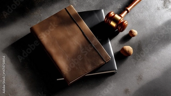 Obraz Judge's gavel on hardcover book, view from above. Law concept of judiciary, jurisprudence and justice.