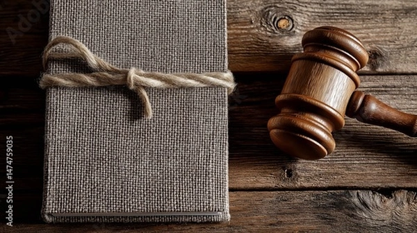 Obraz Judge's gavel on hardcover book, view from above. Law concept of judiciary, jurisprudence and justice.