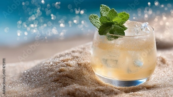 Obraz Refreshing cocktail with ice in sand by sea waves on hot summer day. Lots of copy space.Based on Generative AI