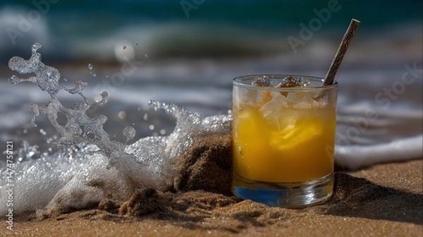 Obraz Refreshing cocktail with ice in sand by sea waves on hot summer day. Lots of copy space.Based on Generative AI