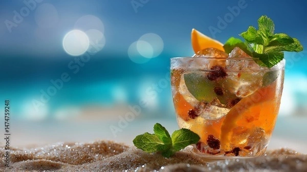 Obraz Refreshing cocktail with ice in sand by sea waves on hot summer day. Lots of copy space.Based on Generative AI